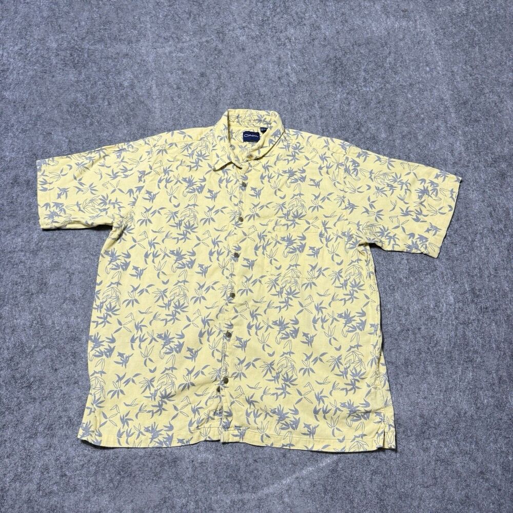 Catalina Resort Shirt Mens Large Yellow Grey Tropical Bamboo Leaf Print Cotton